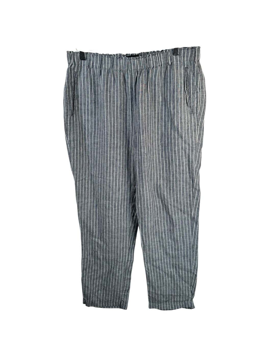 Tahari Blue White Striped Linen Pants Paperbag Waist Cropped Coastal Relaxed L
